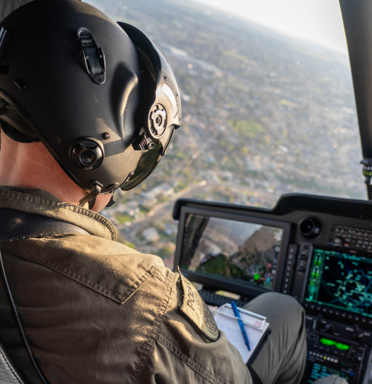 View from cockpit of Police helicopter.