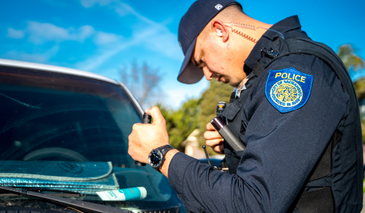 Police officer checking cars.